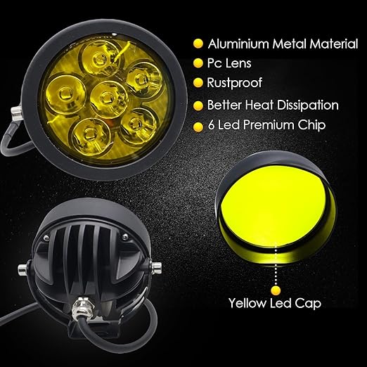 HJG 60W Round 6 LED Fog Lights Universal with Yellow Cap for Bike (Pack of 2) - Image 3
